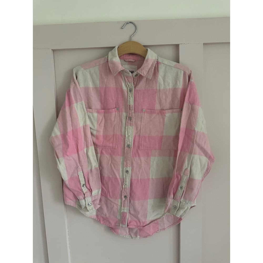 Aerie Pink Cream Buffalo Plaid Flannel Button Down Shirt XXS Oversized Boyfriend